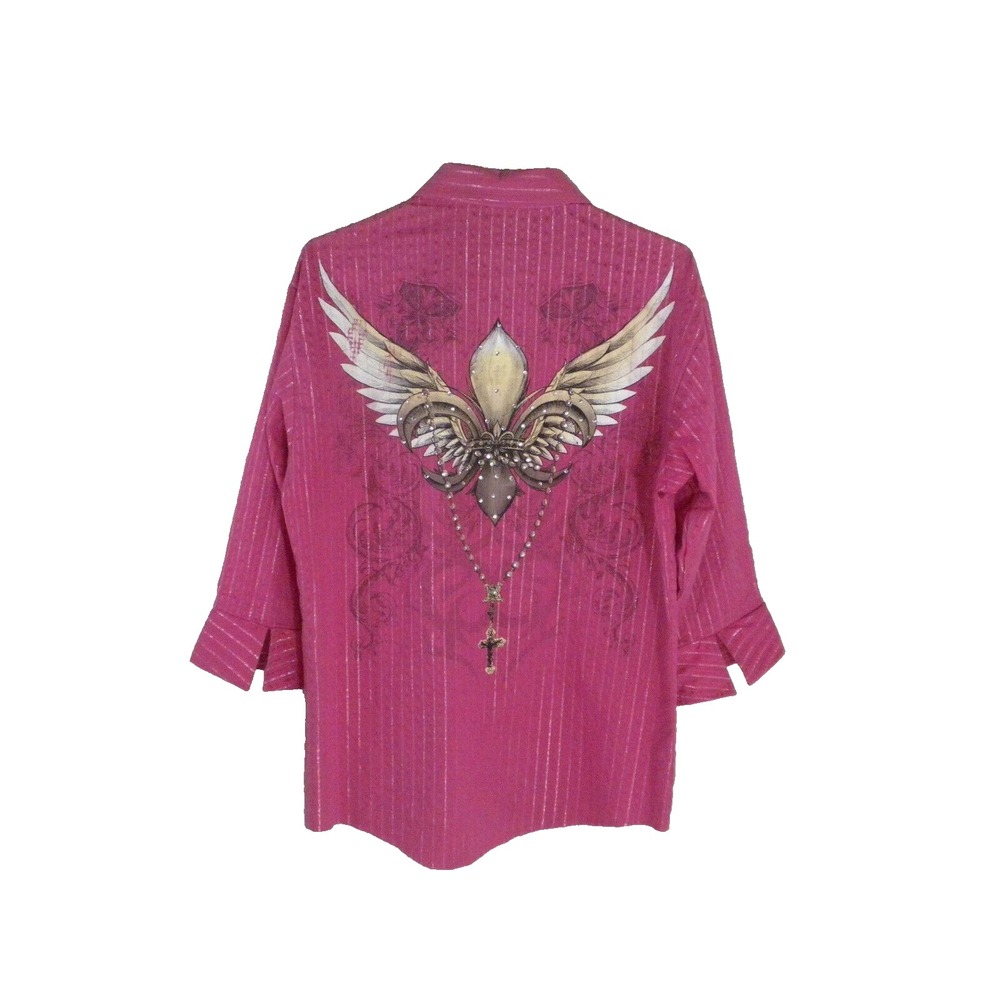 Alexito Shirt Mens M Pink Crucifix Angel Wings Rhinestone Button 3/4 Cuff Sleeve
